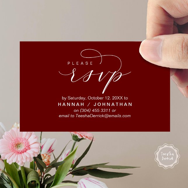 Carte D'accompagnement Mariage RSVP par téléphone ou par courriel réponse (Wedding Invitation RSVP Respond via Phone or email Online Enclosure Card, Burgundy Red)