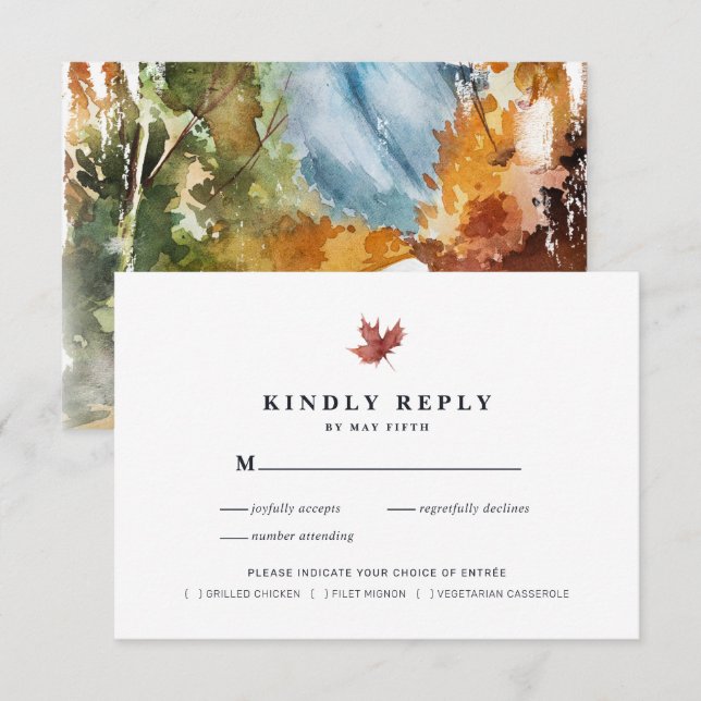Carte D'accompagnement Mariage rustique d'automne RSVP | Chute aquarelle (Devant / Derrière)