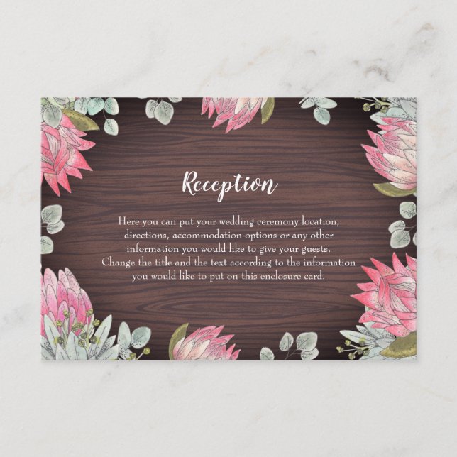 Carte D'accompagnement Mariage rustique Protea Eucalyptus Foliage Bois (Devant)