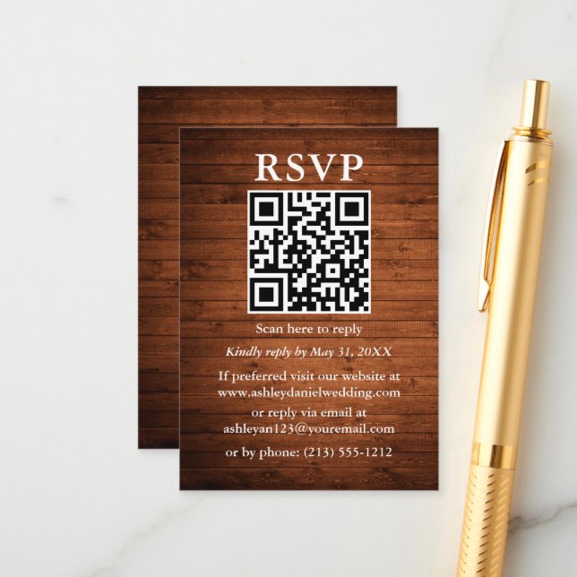 Carte D'accompagnement Mariage rustique QR en bois RSVP (Devant/Arrière en situation)
