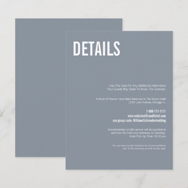 Carte D'accompagnement Mariage simple Dusty Blue Typography Détails (Devant / Derrière)