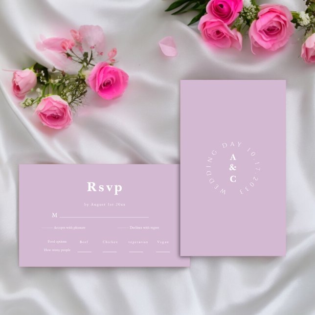 Carte D'accompagnement Mariage simple minimal monogramme RSVP (fun bold lilic  wedding rsvp card , mix and match wedding ststionary , editable ,downloadable ,
)