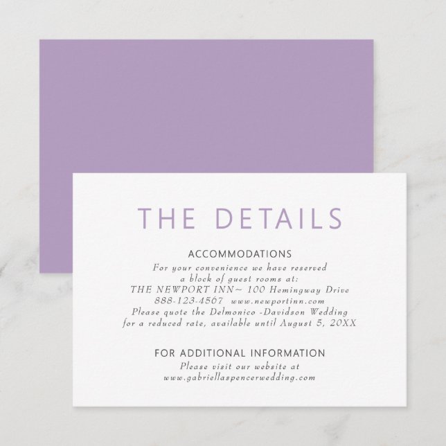 Carte D'accompagnement Mariage simple moderne Dusty violet Détails (Devant / Derrière)