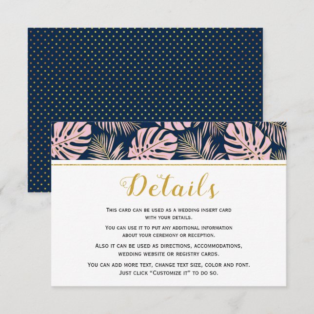 Carte D'accompagnement Mariage tropical aux feuilles roses et bleu marine (Devant / Derrière)