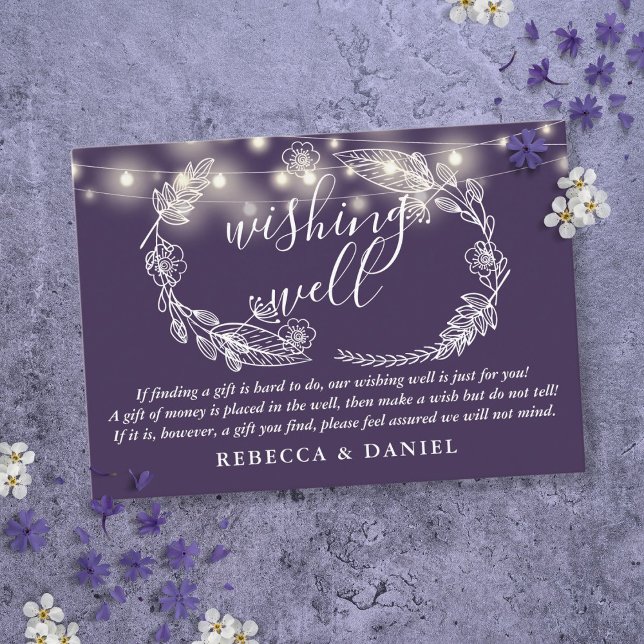 Carte D'accompagnement Mariage violet de la chaîne de souhaits (Wishing Well String Lights Purple Wedding Enclosure Card)