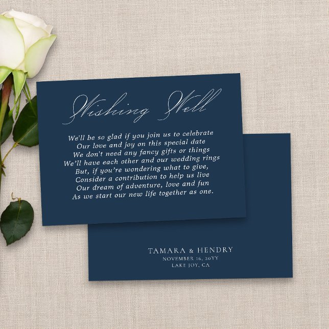 Carte D'accompagnement Mariage Wishing well Calligraphie Script Marine Bl (Elegant navy blue wedding wishing well card from my Wedding Colors collection)