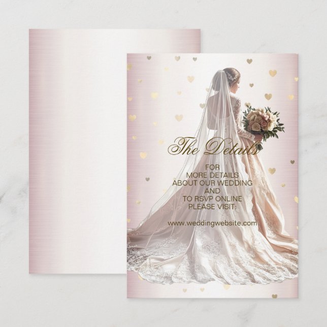 Carte D'accompagnement Mariée d'hiver rose Golden Shiny Hearts (Devant / Derrière)