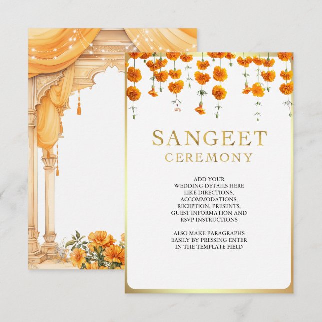 Carte D'accompagnement Marigold Floral Sud Indien Mariage Sangeet (Devant / Derrière)