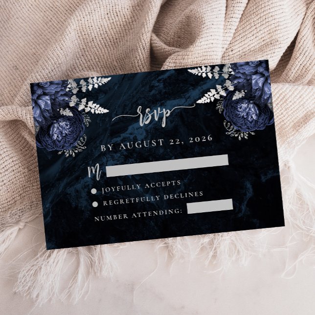 Carte D'accompagnement Marine Bleu Argent Floral Agate Script Mariage RSV (Créateur téléchargé)