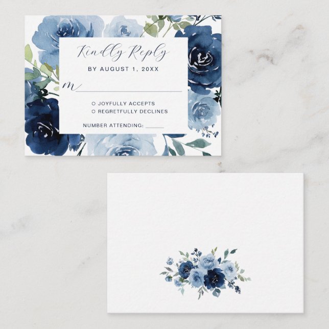 Carte D'accompagnement Marine Bleu Dusty Bleu Élégant Mariage floral RSVP (Devant / Derrière)