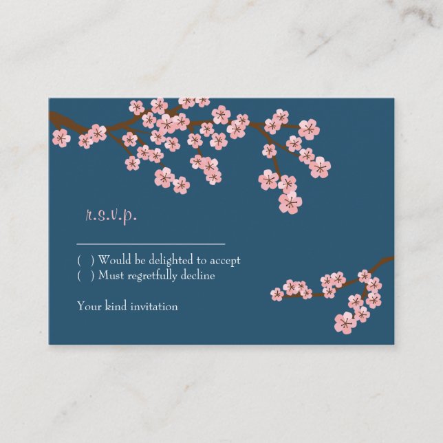 Carte D'accompagnement Marine bleu et rose cerisier fleurie printemps RSV (Devant)