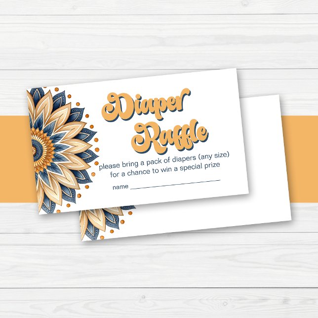 Carte D'accompagnement Marine Bleu Tournesol Typographie rétro Raffin de  (Boho Navy Blue Sunflower Retro Typography Diaper Raffle Enclosure Cards)