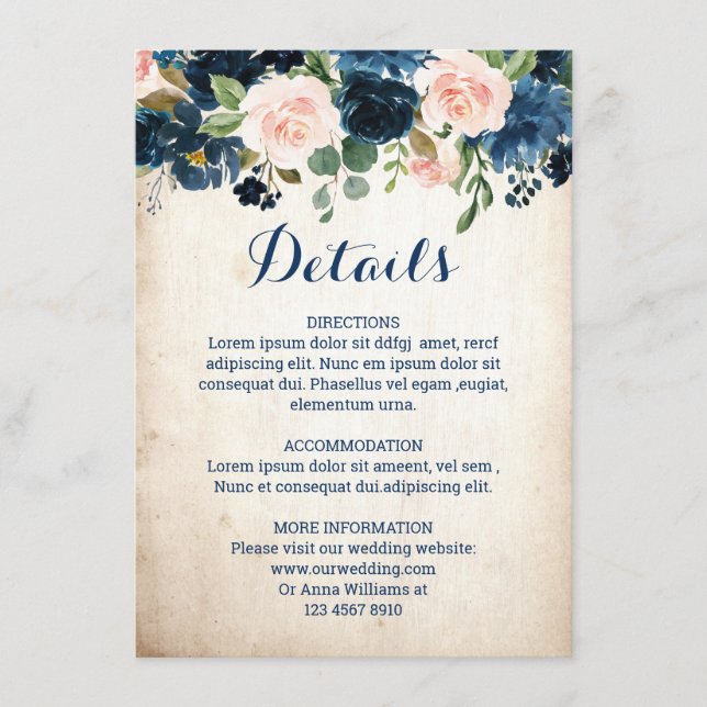 Carte D'accompagnement Marine Blue Blush Rose Rose Boho Détails du Mariag (Devant)