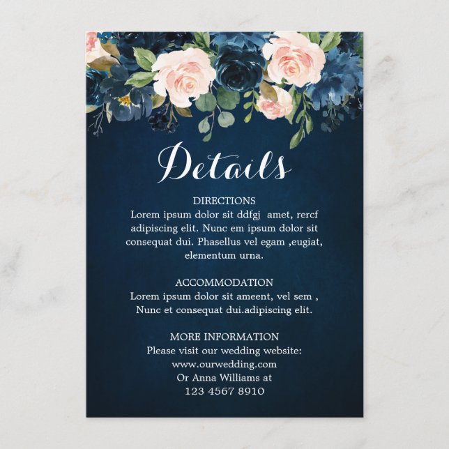 Carte D'accompagnement Marine Blue Blush Rose Rose Boho Détails du Mariag (Devant)