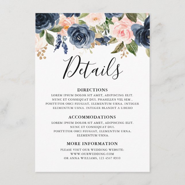 Carte D'accompagnement Marine Blue Blush Rose Rose Boho Détails du Mariag (Devant)