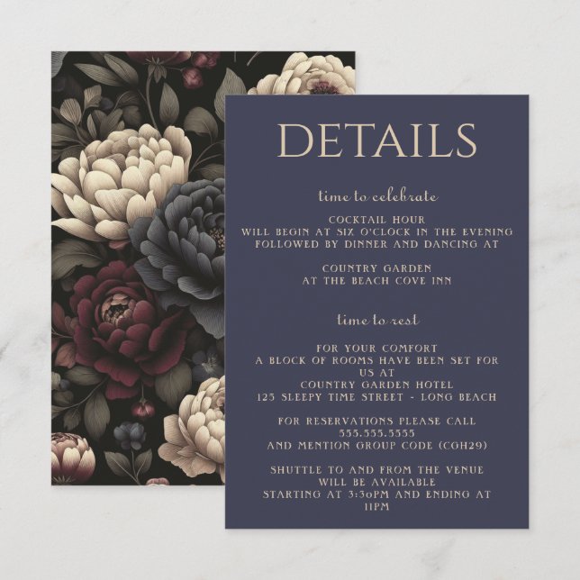 Carte D'accompagnement Marine Blue & Burgundy Moody Floral (Devant / Derrière)