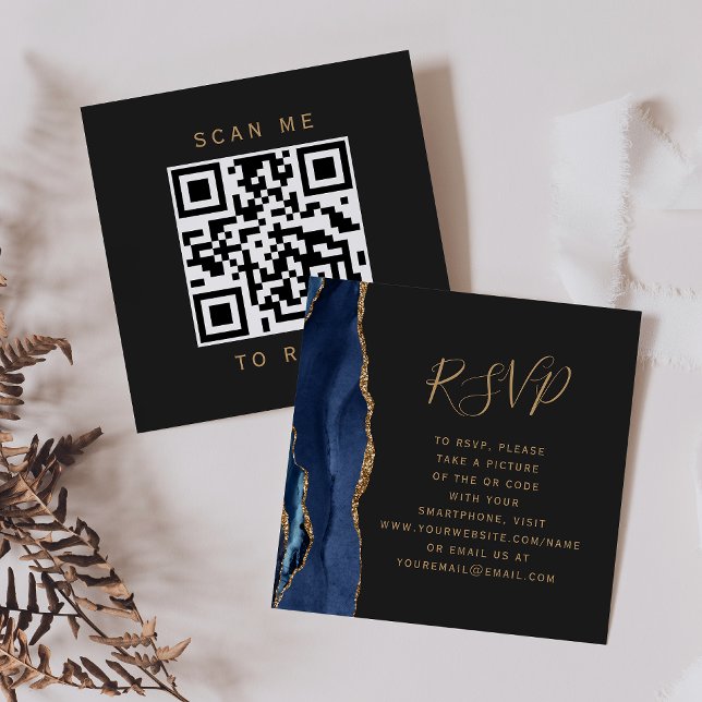 Carte D'accompagnement Marine Blue Gold Agate Dark Mariage QR Code RSVP (Créateur téléchargé)