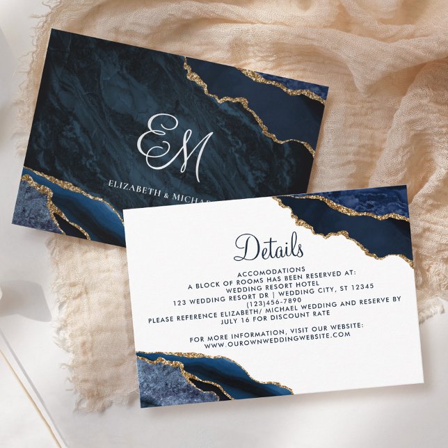 Carte D'accompagnement Marine Blue Gold Agate Détails de mariage élégant (Créateur téléchargé)