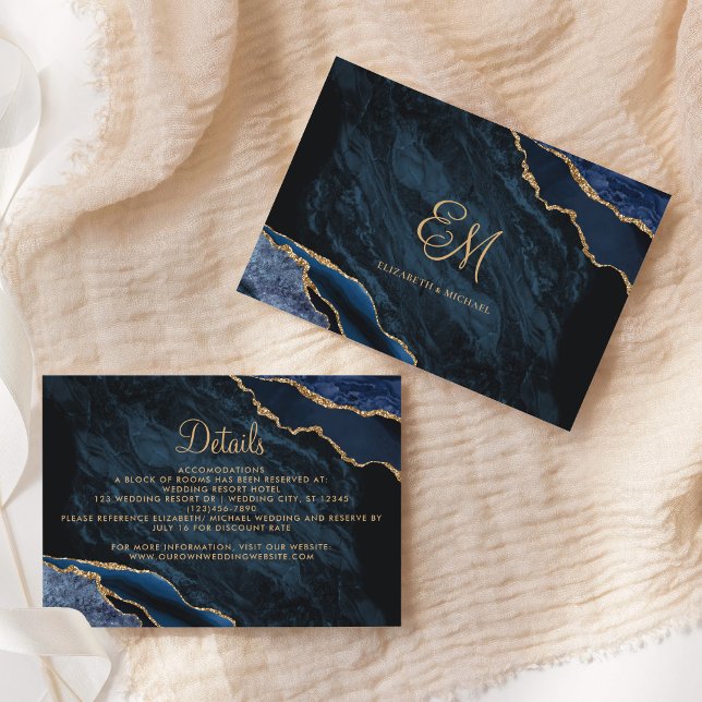 Carte D'accompagnement Marine Blue Gold Agate Marbre Détails du Mariage (Créateur téléchargé)