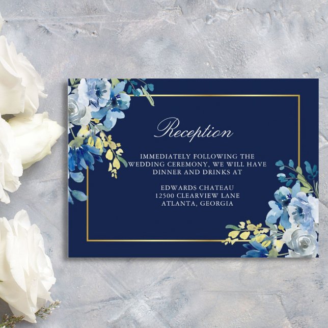 Carte D'accompagnement Marine Blue Gold Floral Élégante Réception de mari (Créateur téléchargé)