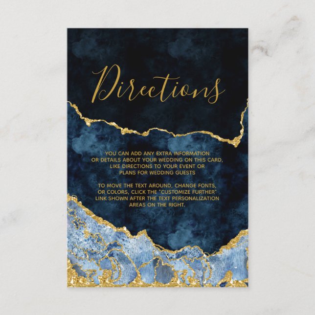 Carte D'accompagnement Marine Blue Gold Foil Agate Mariage Directions (Devant)