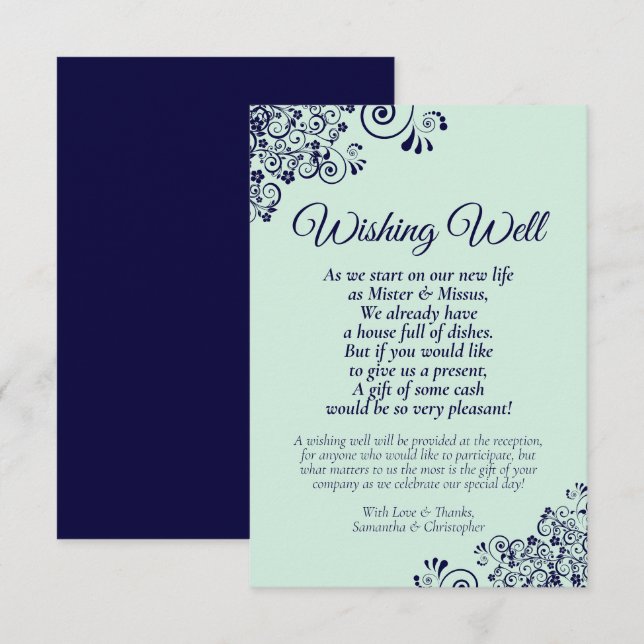 Carte D'accompagnement Marine Blue & Mint Green Mariage Wishing well Poem (Devant / Derrière)