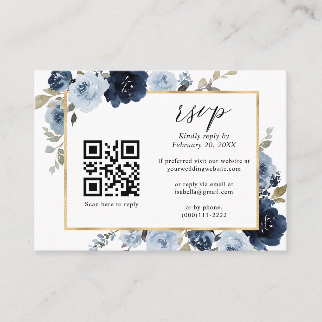 Carte D'accompagnement Marine Dusty Blue Gold Floral QR Code Mariage RSVP (Devant)
