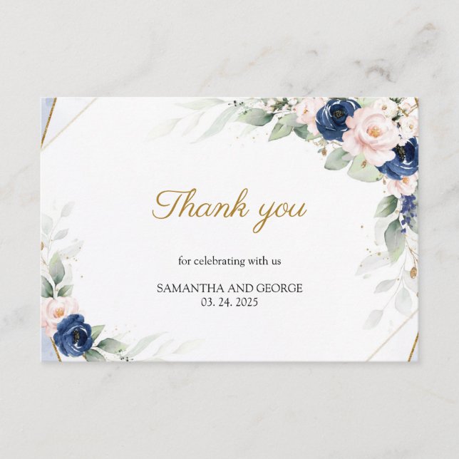 Carte D'accompagnement Marine et Blush rose Floral or Merci vert (Devant)