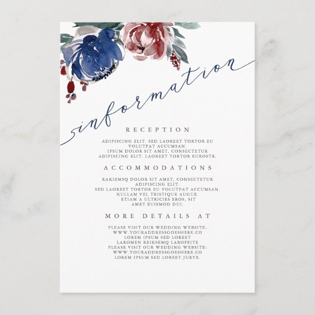 Carte D'accompagnement Marine et Bourgogne Floral Mariage Information Inv (Devant)