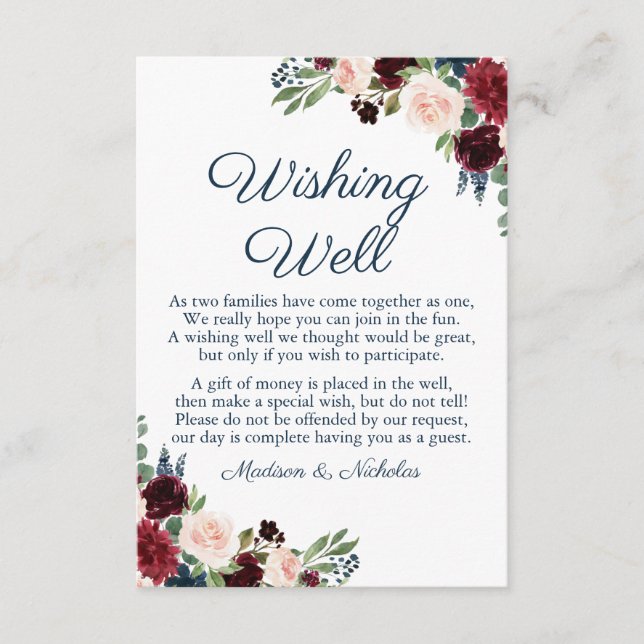 Carte D'accompagnement Marine et Marsala Floral Mariage Wishing Well Card (Devant)
