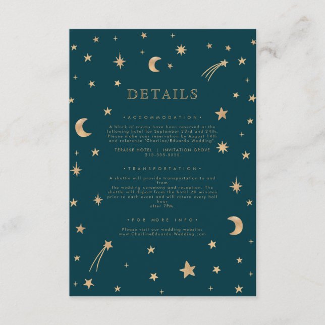 Carte D'accompagnement Marine Mystical Gold Stars Moon Détails du Mariage (Devant)