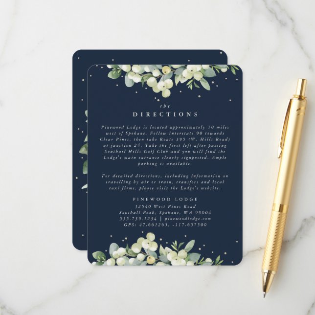 Carte D'accompagnement Marine Noire Snowberry+Eucalyptus Directions Bords (Devant/Arrière en situation)