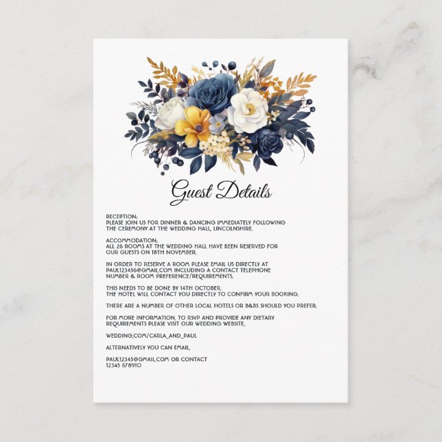 Carte D'accompagnement Marine, White et Gold Floral Mariage Détails au su (Devant)