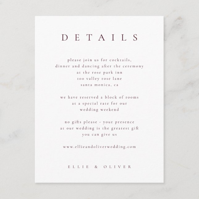 Carte D'accompagnement Maroon Burgundy Elegant Details I Wedding Modern (Devant)