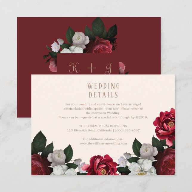 Carte D'accompagnement Maroon Fall Détails du Mariage botanique et floral (Devant / Derrière)