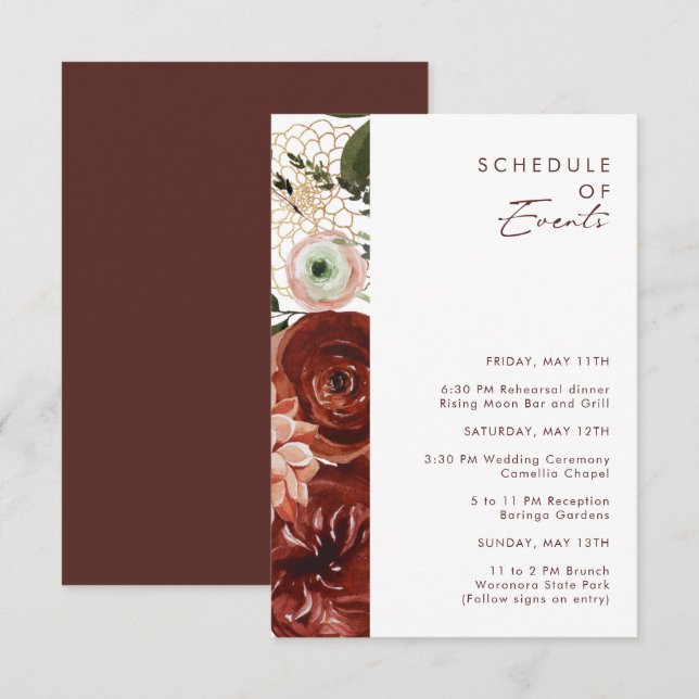 Carte D'accompagnement Marsala Autumn Floral | Calendrier blanc des événe (Devant / Derrière)