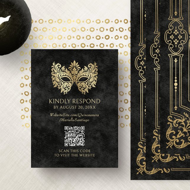 Carte D'accompagnement Mascarade noire Quinceanera QR RSVP (Créateur téléchargé)