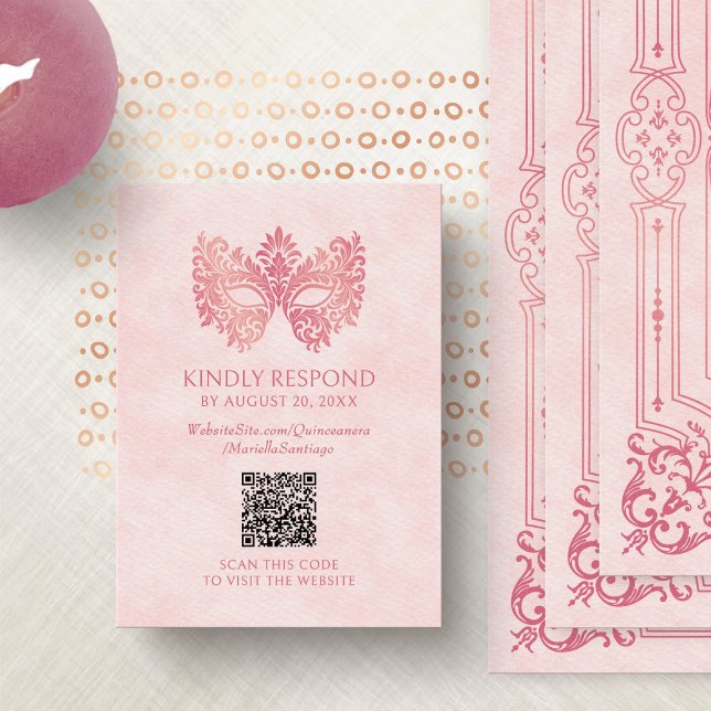 Carte D'accompagnement Mascarade rose Quinceanera QR RSVP (Créateur téléchargé)