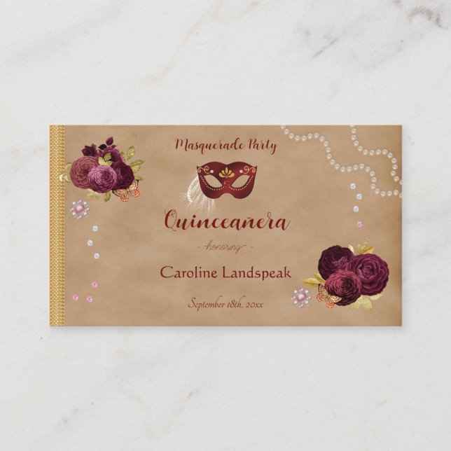 Carte D'accompagnement Mascarade rouge Bourgogne Anglais Rose Quinceañera (Devant)