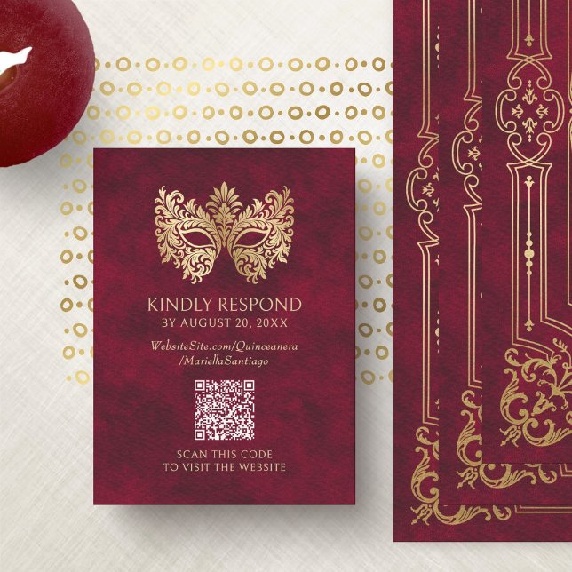 Carte D'accompagnement Mascarade rouge Quinceanera QR RSVP (Créateur téléchargé)
