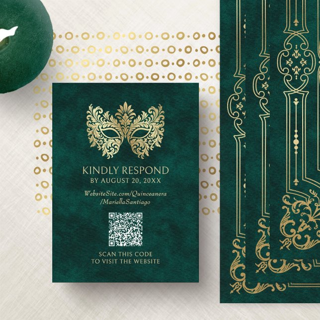 Carte D'accompagnement Mascarade verte Quinceanera QR RSVP (Créateur téléchargé)