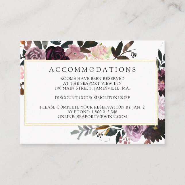 Carte D'accompagnement Mauve rose violet Mariage Floral Hébergement (Devant)
