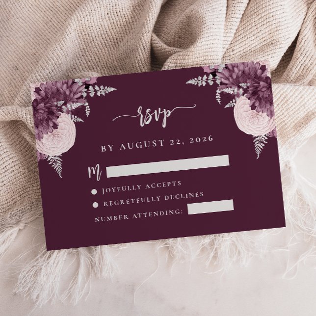 Carte D'accompagnement Mauve Silver Floral Script Wedding RSVP (Créateur téléchargé)