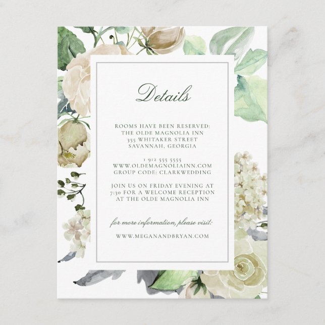 Carte D'accompagnement Megan White Roses Greenery Mariage Détails du clie (Devant)