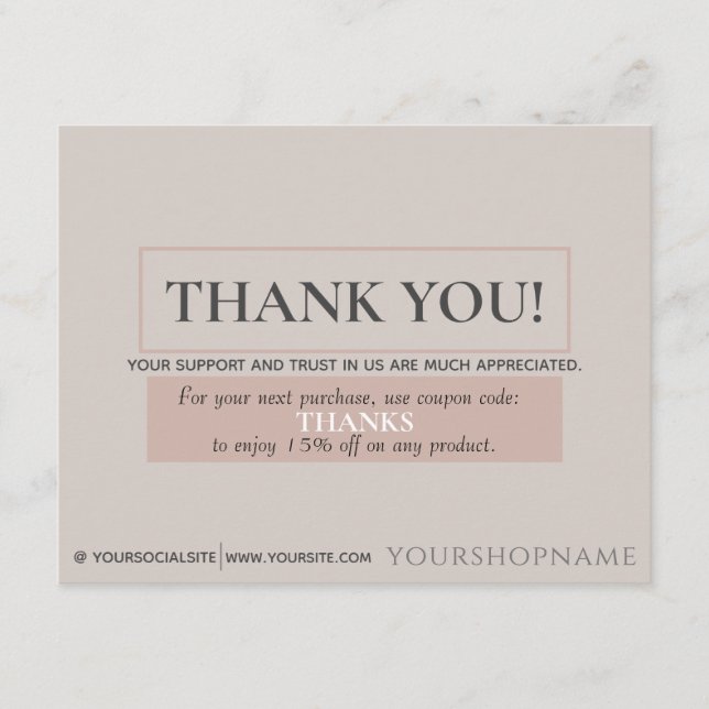 Carte D'accompagnement Merci beige doux classique pour votre commande (Devant)
