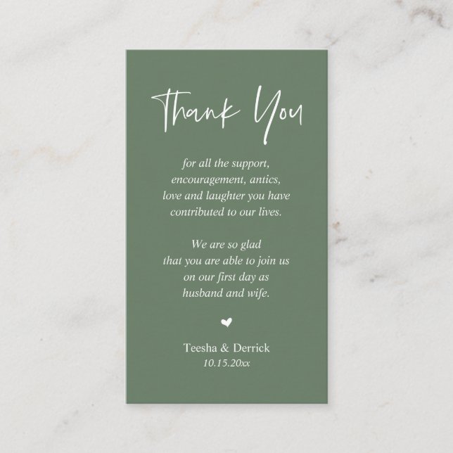 Carte D'accompagnement Merci de coeur mariage, Rustic Sage Green (Devant)