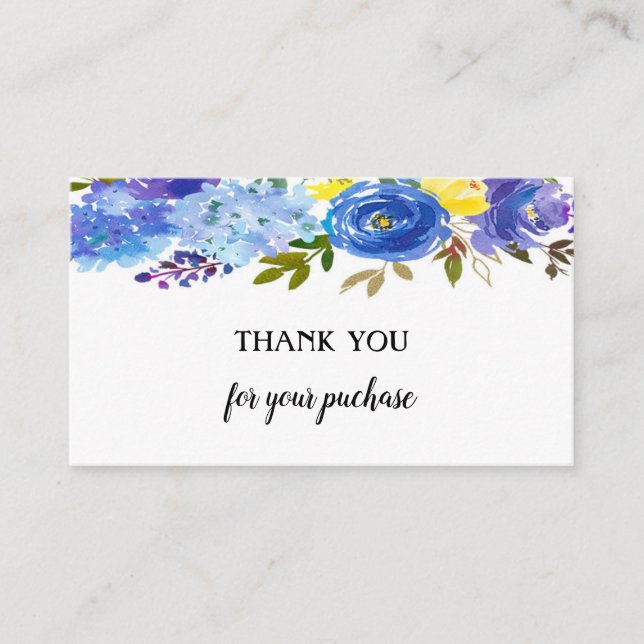 Carte D'accompagnement Merci Floral Aquarelle Bleu Pour Votre Achat (Devant)