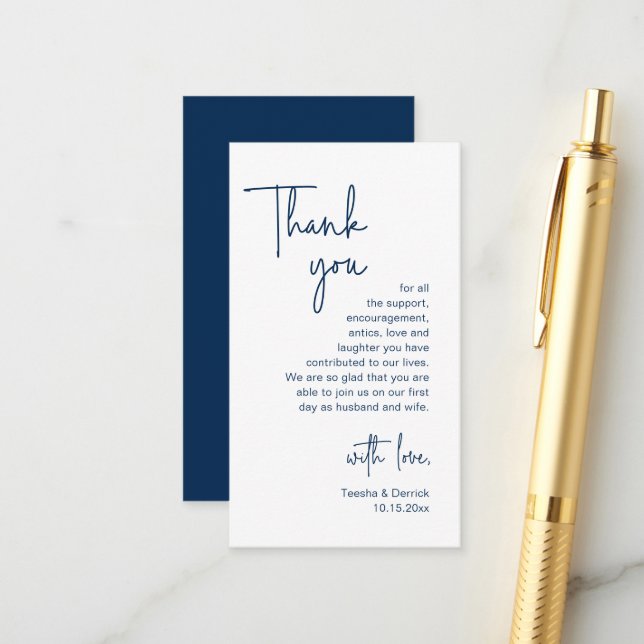 Carte D'accompagnement Merci mariage, Script bleu marine moderne (Devant/Arrière en situation)