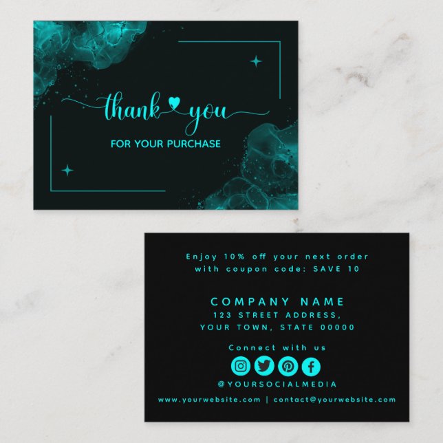 Carte D'accompagnement Merci Vert Turquoise Pour Votre Commande (Devant / Derrière)