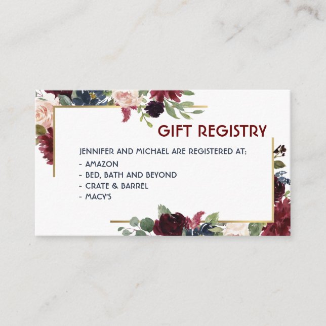 Carte D'accompagnement Merlot & Navy Floral Mariage Registre des cadeaux (Devant)